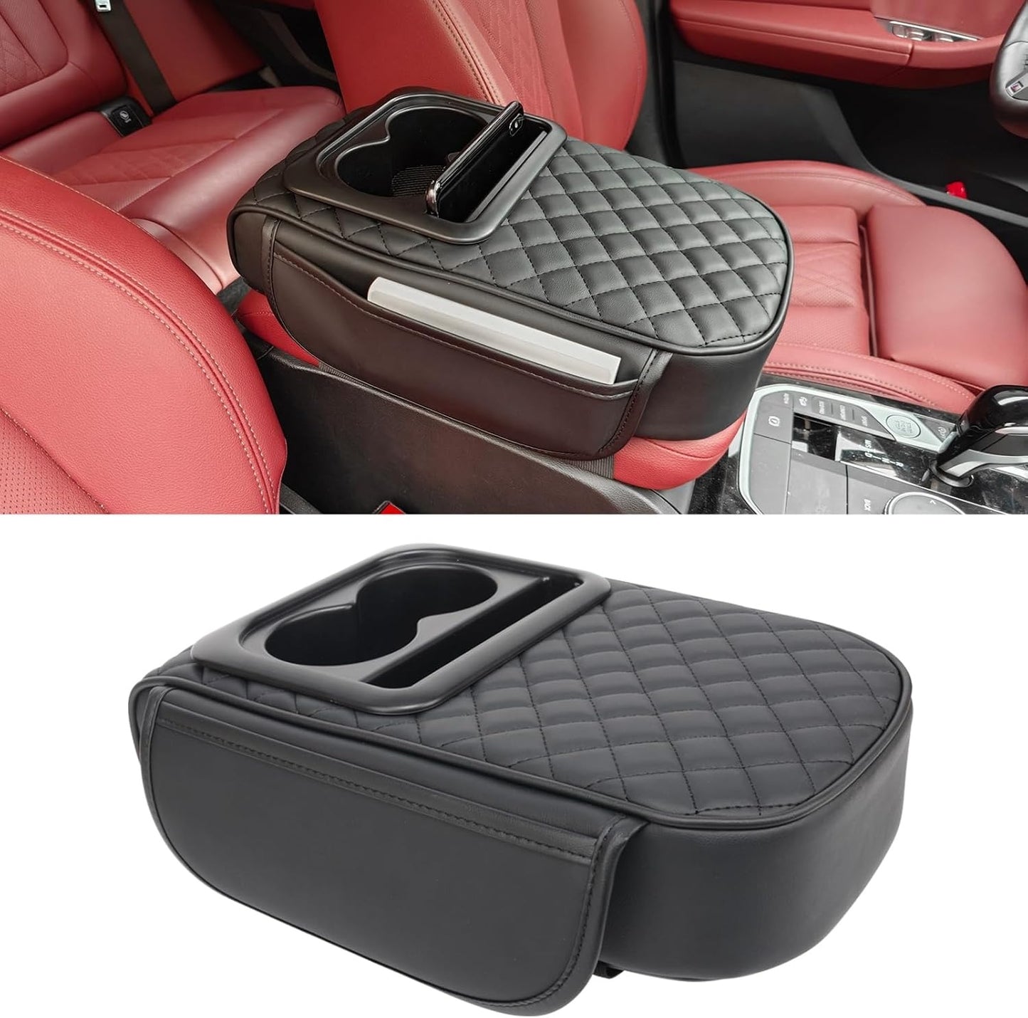 MAIKER Auto Center Console Armrest Pillow, PU Leather Car Armrest Cushion with Cup Holder, Phone Holder and 2 Side Storage Bag, Universal Car Armrest Box Cover Protector for Most Vehicles