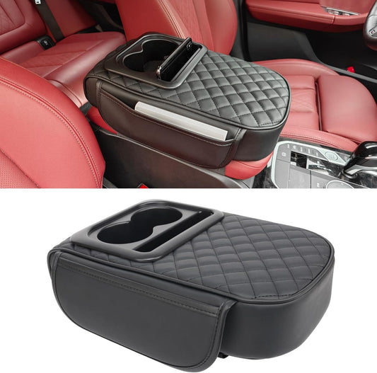 MAIKER Auto Center Console Armrest Pillow, PU Leather Car Armrest Cushion with Cup Holder, Phone Holder and 2 Side Storage Bag, Universal Car Armrest Box Cover Protector for Most Vehicles