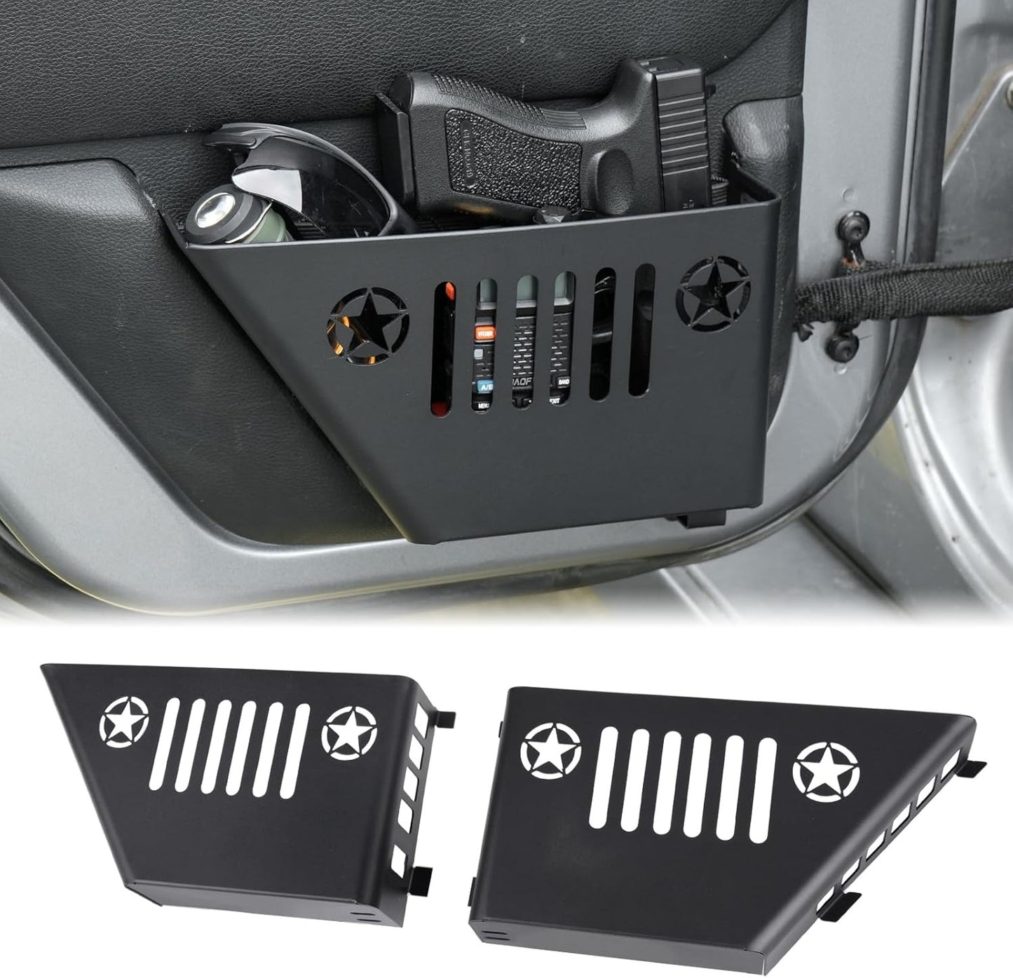 Rear door storage box Compatible with 2007-2018 Jeep Wrangler JK, Door Side Insert Organizer Box Metal Door Net Pocket Replacement Door Organizer Panel, 2pc
