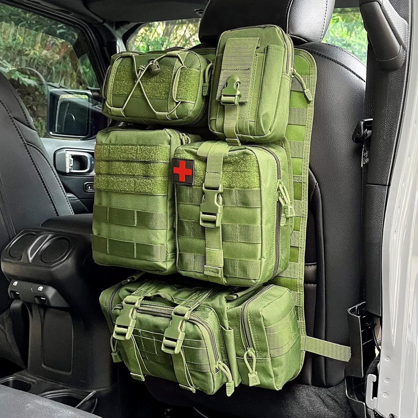 MAIKER Tactical Car Seat Back Organizer, Upgrade Tactical Vehicle Panel Organizer with 5 Detachable Molle Pouch, Universal fits for Most of Vehicle(Army green)