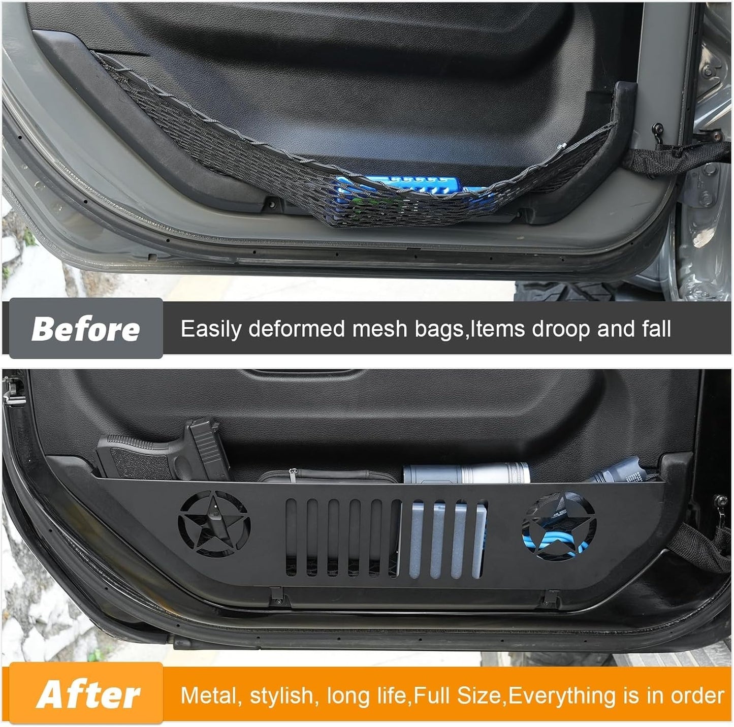 Metal Front Pocket Storage with Cup Holder Compatible with 2018-2025 JL JLU & Gladiator JT, Door Organizer Panel, Matte Black Finish, 2pc