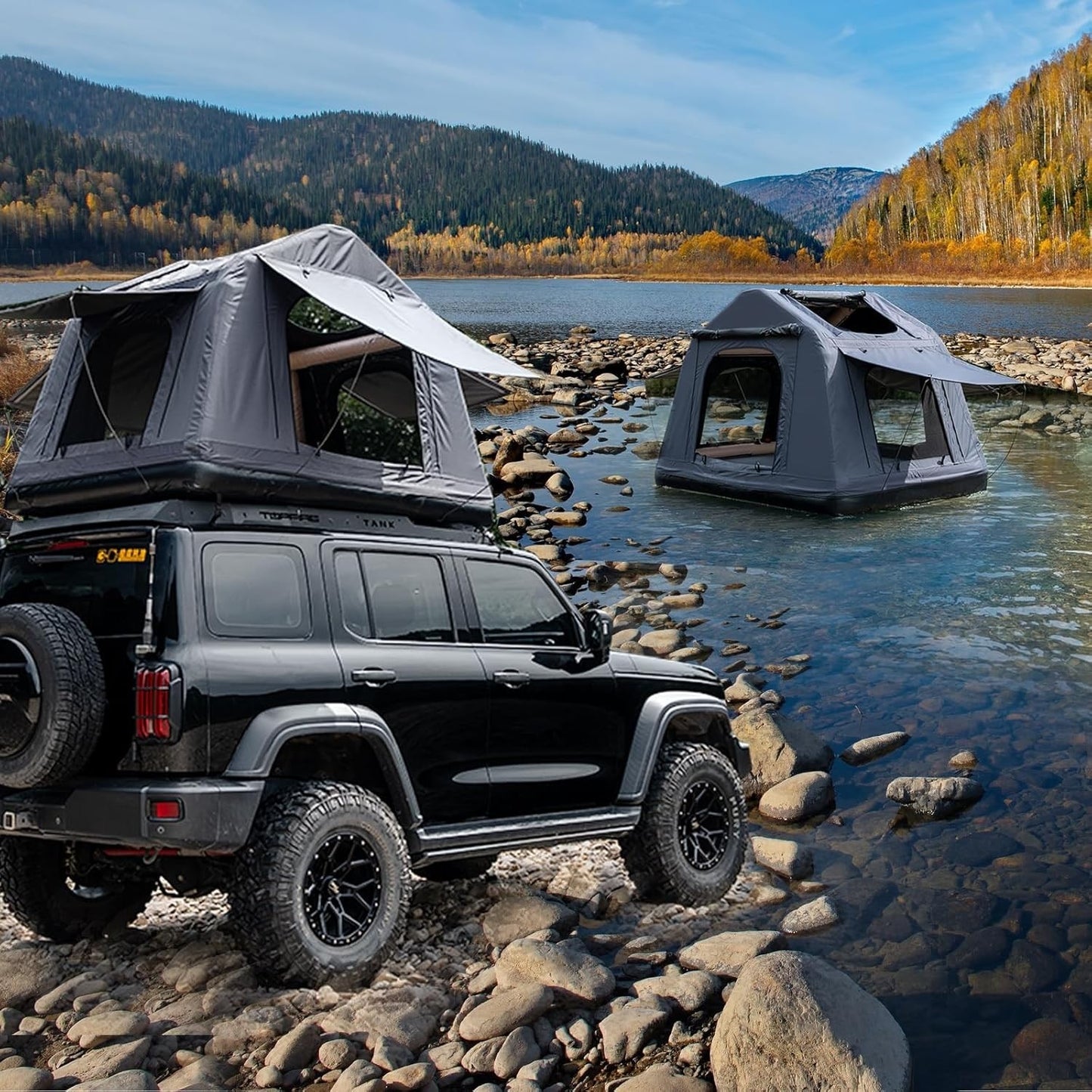 3-in-1 Roof Tent, Land & Water Camping Tent, Inflatable Waterproof Roof Tent Suitable for SUV, Truck, Jeep, Off-Road Vehicle, Thickening Windproof 2-3 People Tent with Paddle, Ladder, Hand Pumps, Rod