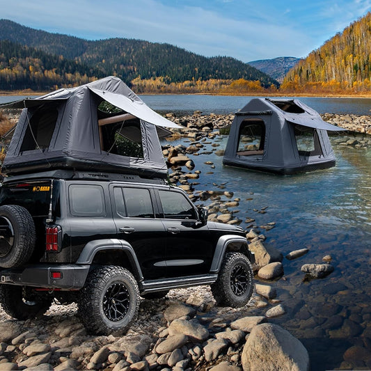 3-in-1 Roof Tent, Land & Water Camping Tent, Inflatable Waterproof Roof Tent Suitable for SUV, Truck, Jeep, Off-Road Vehicle, Thickening Windproof 2-3 People Tent with Paddle, Ladder, Hand Pumps, Rod