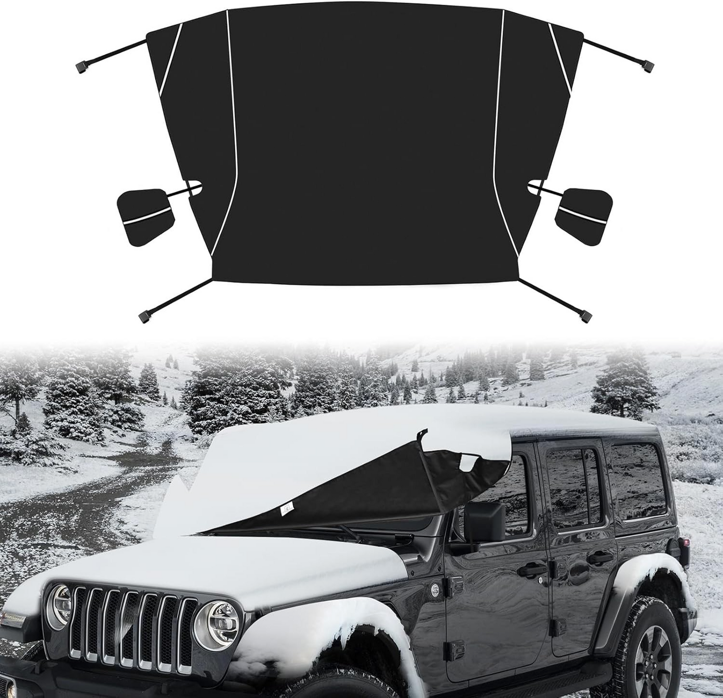 Guina Windshield & Front Side Window Cover Compatible wirh Jeep Wrangle JL JT 18-24, 600D Oxford Cloth Windshield Cover with Mirror Cover for Sun, Rain, Sand, Dust, Leaves, Branches Protection