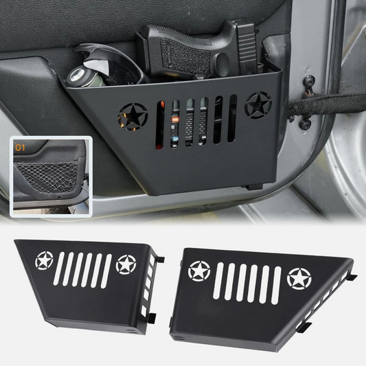 Metal Front Pocket Storage with Cup Holder Compatible with 2007-2018 Jeep Wrangler JK/JKU, Door Organizer Panel, Matte Black Finish, 2pc