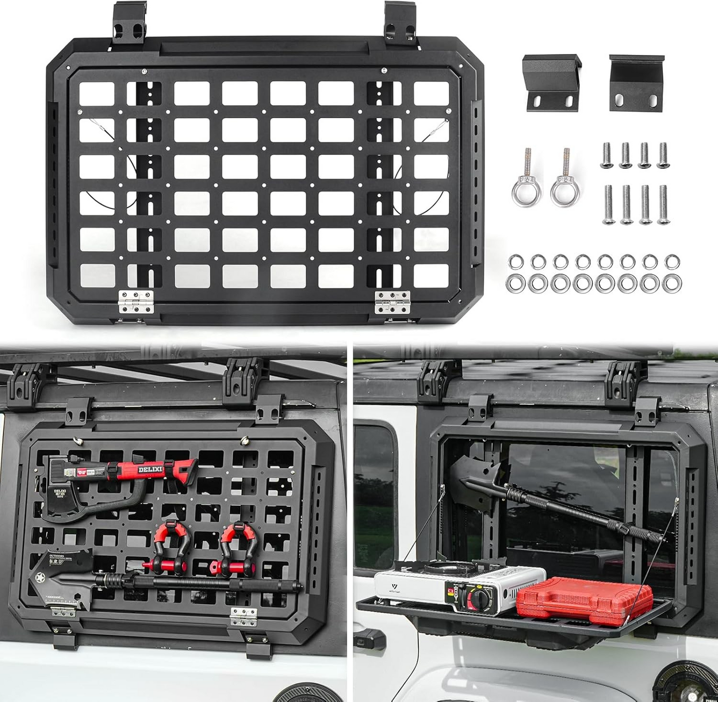 Multifunctional Rear Window Storage Table Molle Panel Kit for 2018-2024 Jeep Wrangler JL & JLU 4 doors Openable Design Tactical Molle Platform for Tools (2025 latest upgraded model）