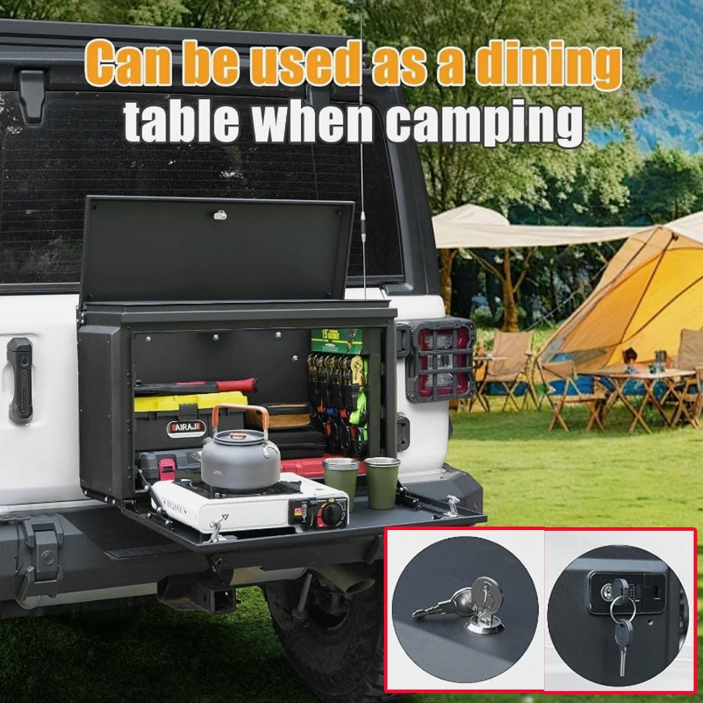 Wrangler Tailgate Table Storage Lock Box Compatible with Jeep Wrangler 2007-2017 JK & 2018-2024 JL 4 Doors, Multifunctional Cargo Rack Shelf Storage Bin Camping Desk