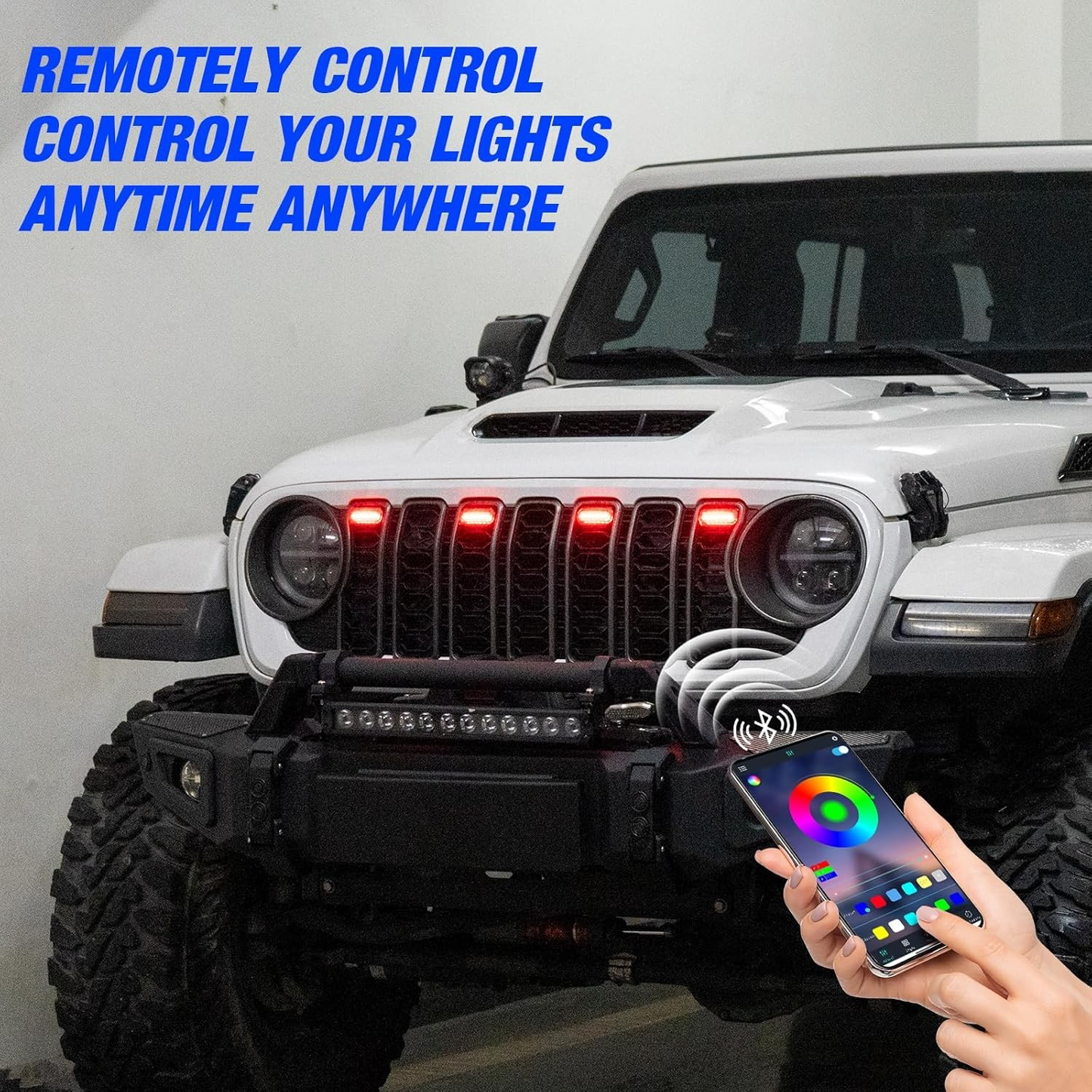 MAIKER RGB LED Grille Lights Compatible with 2024-2025 Jeep Wrangler JL JLU JT Original Factory Grille, 4PCS RGB Adjustable Atmosphere Exterior Grill Lights Remote APP Control