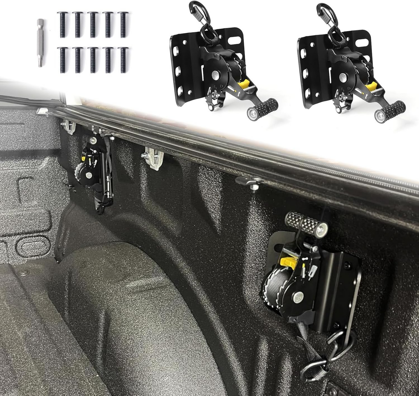 Retractable Ratchet Straps Compatible with 2015-2025 Ford F150 Retractable Tie Down Straps Self Retracting Tie Down with Boxlink Plates Mounted Brackets