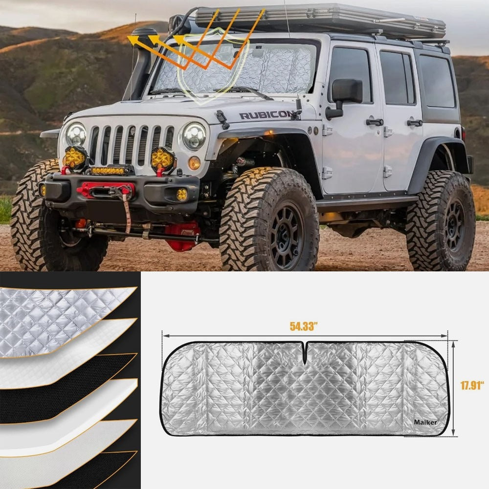 6-Layer Windshield Sun Shade Compatible with 2007-2018 Jeep Wrangler JK 2018-2025 Jeep Wrangler JL JLU & 2020-2025 Gladiator JT, Heat Shield Sun Visor for UV Ray, Foldable Windshield Cover Sun Shade with Storage Bag