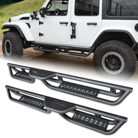 Coated Black Carbon 6-Inch 2-Stairs Side Step Rails Step Bars Steel Nerf Bars Running Boards Compatible with Jeep Wrangler JL 4 Doors 2018-2025 For Off-Road Protection Direct Bolt-On Installation