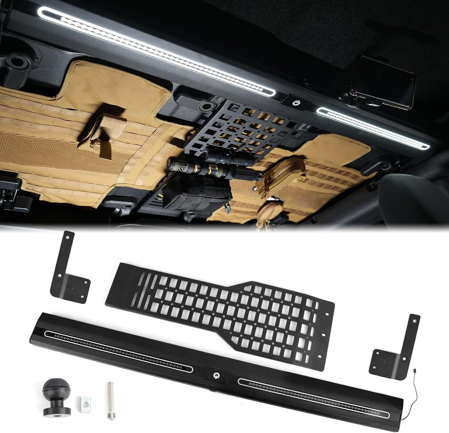 Maiker Roof Rack Molle Panel with Built-in LED Touch Light – Overhead Storage Compatible with Ford Bronco 4-Door 2021-2024 Hardtop & Soft Top, Off-Road Organizer Accessory