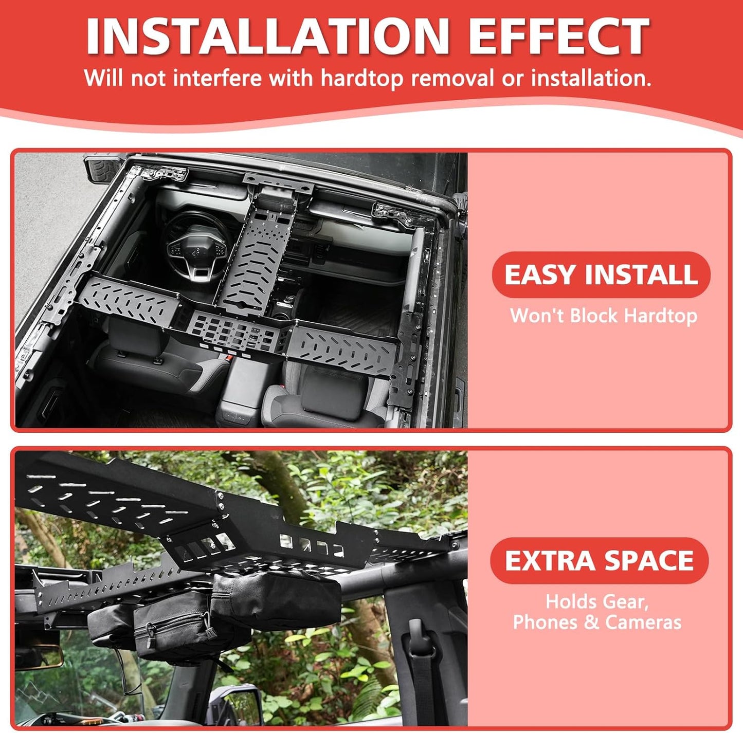Overhead Storage MOLLE Panel Kit Top Cargo Management Rack Compatible with 2021-2025 Ford Bronco 4-Door