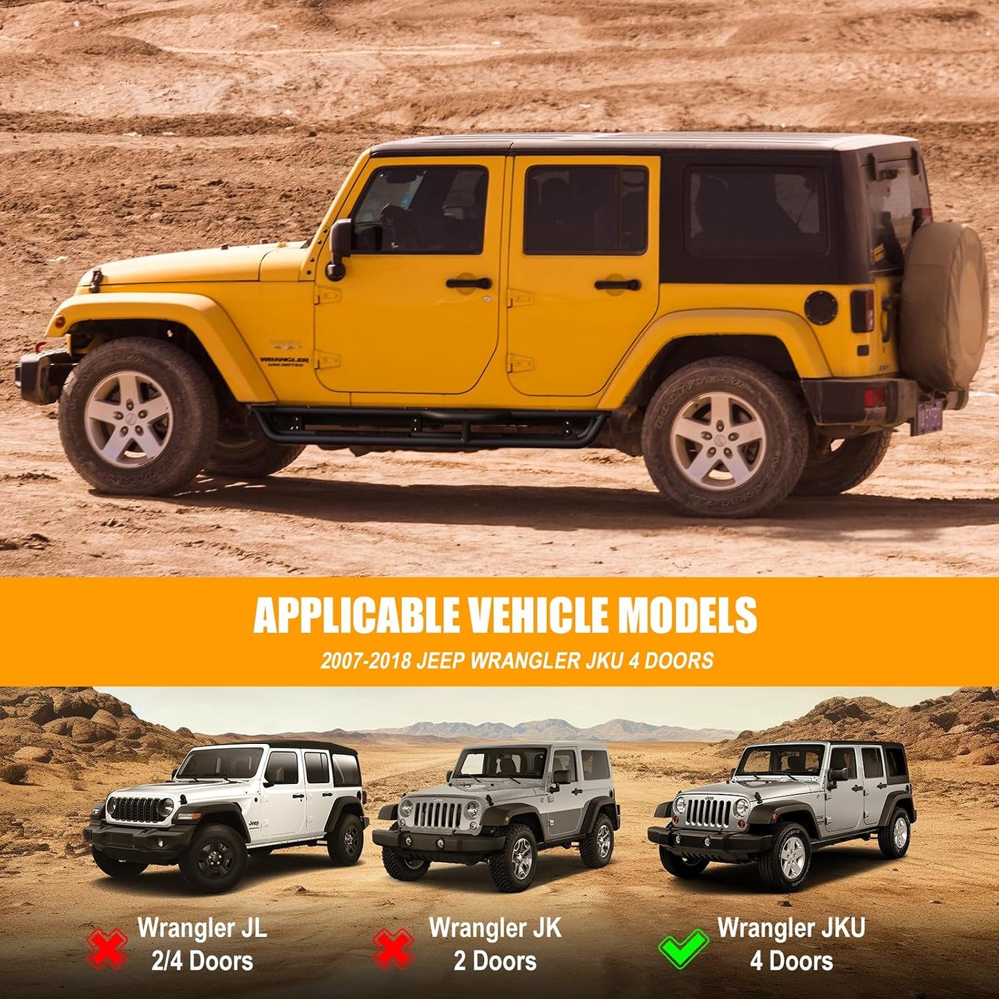 Running Boards Compatible with Jeep Wrangler JKU 2007-2018 4 Doors, 2-Stairs Stepped Drop Side Step Coated Black Carbon Steel Nerf Bars