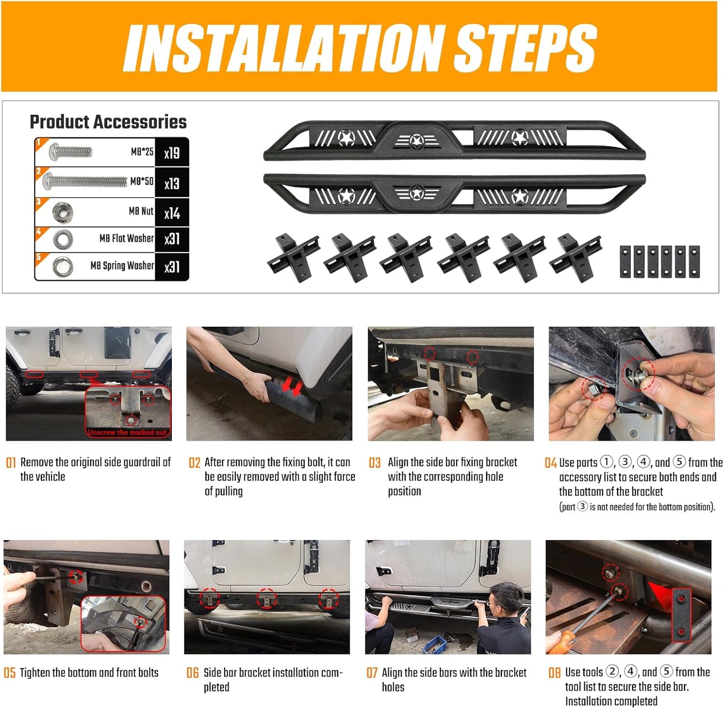Running Boards Compatible with Jeep Wrangler JKU 2007-2018 4 Doors, 2-Stairs Stepped Drop Side Step Coated Black Carbon Steel Nerf Bars