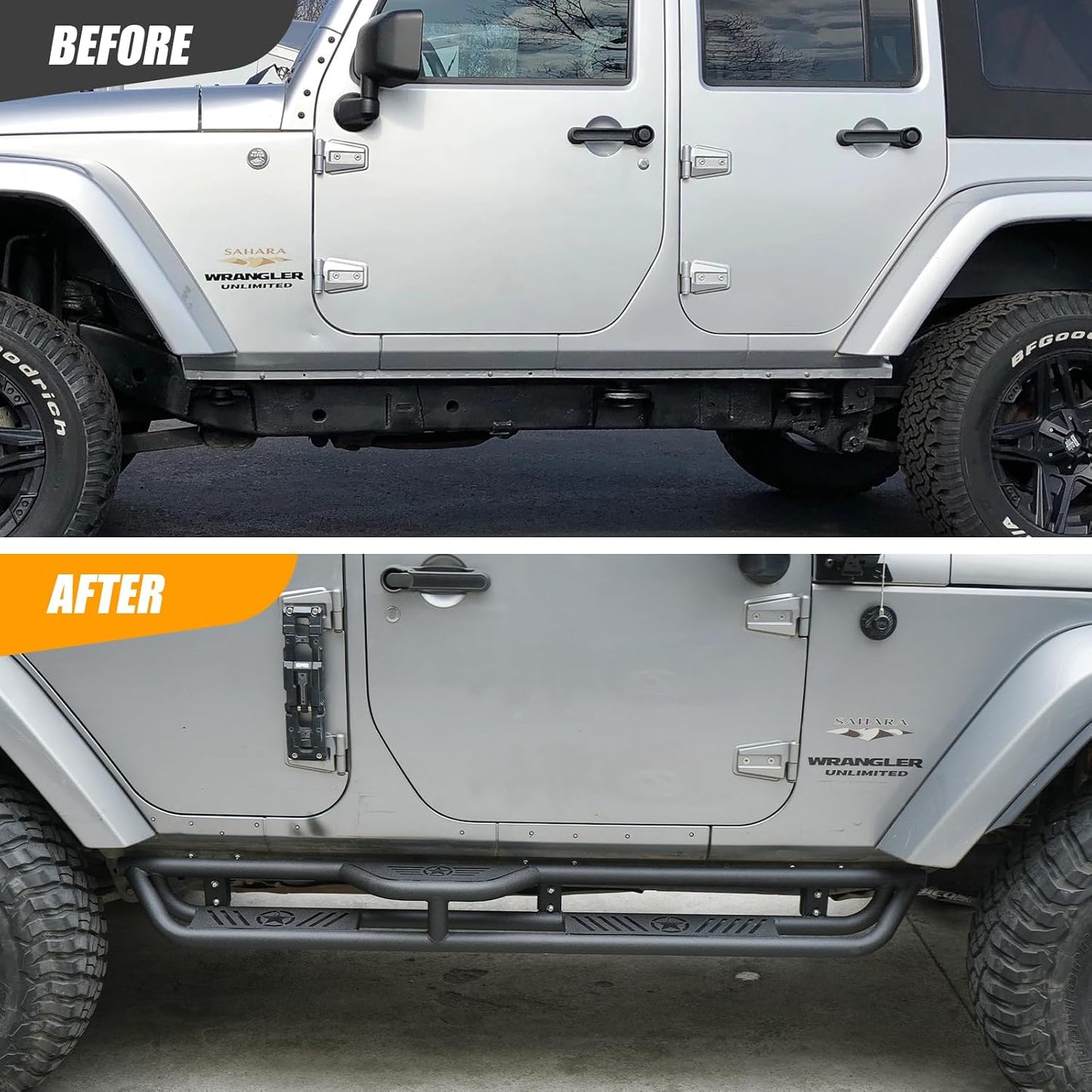 Running Boards Compatible with Jeep Wrangler JKU 2007-2018 4 Doors, 2-Stairs Stepped Drop Side Step Coated Black Carbon Steel Nerf Bars