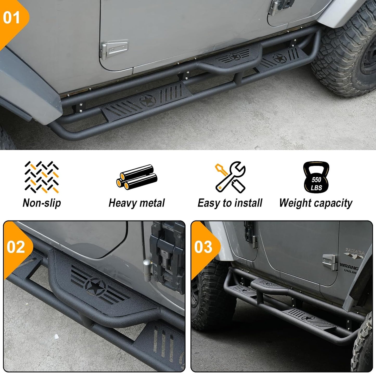 Running Boards Compatible with Jeep Wrangler JKU 2007-2018 4 Doors, 2-Stairs Stepped Drop Side Step Coated Black Carbon Steel Nerf Bars
