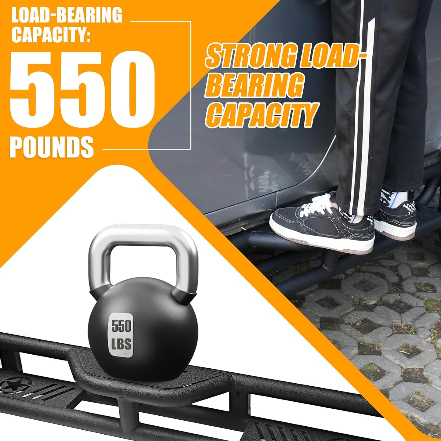 Running Boards Compatible with Jeep Wrangler JKU 2007-2018 4 Doors, 2-Stairs Stepped Drop Side Step Coated Black Carbon Steel Nerf Bars