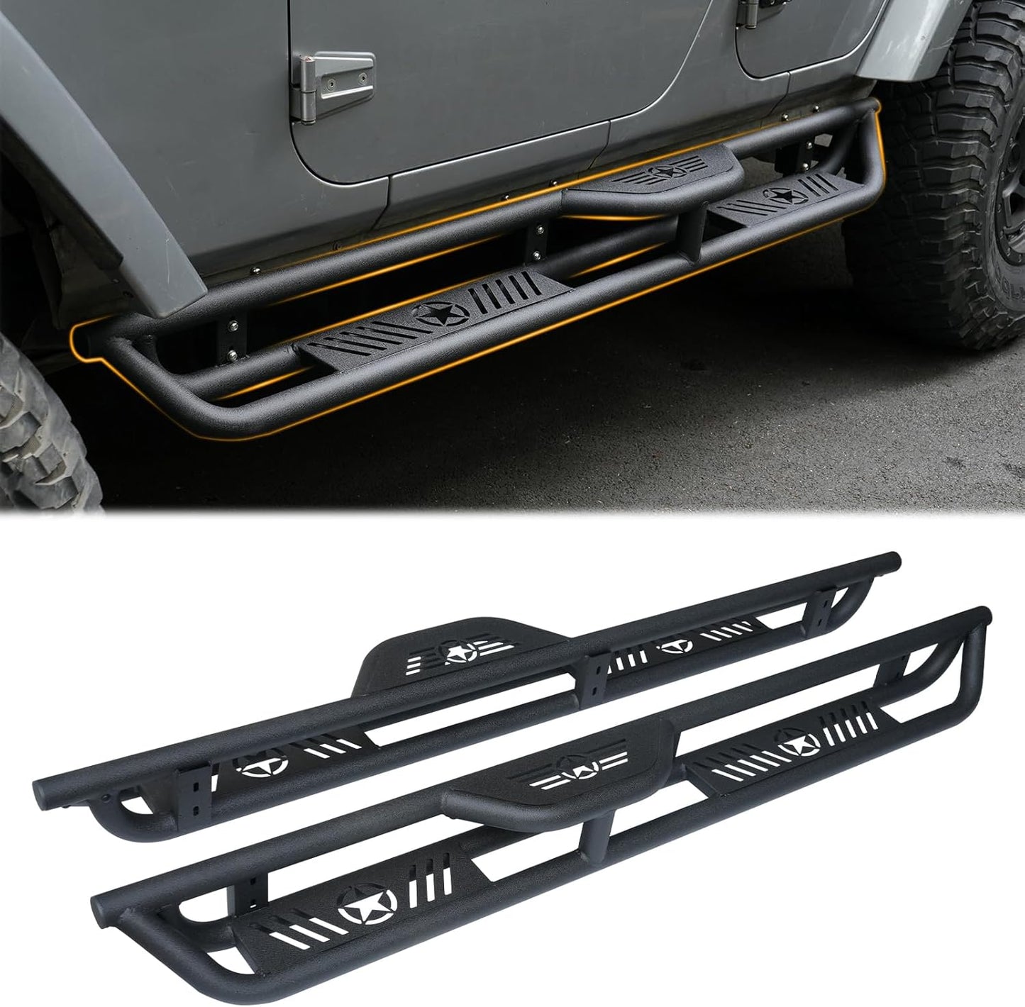 Running Boards Compatible with Jeep Wrangler JKU 2007-2018 4 Doors, 2-Stairs Stepped Drop Side Step Coated Black Carbon Steel Nerf Bars