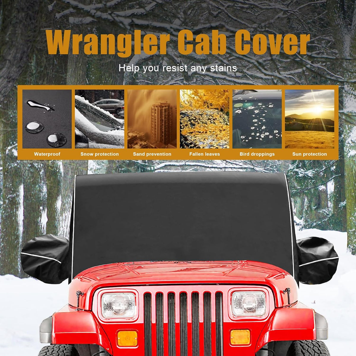 600D Waterproof Outdoor Cab Cover for 1987-1995 Jeep Wrangler YJ 1997-2006 Jeep Wrangler TJ Half Covers Reflective Windproof Sun Snow Rain Protection