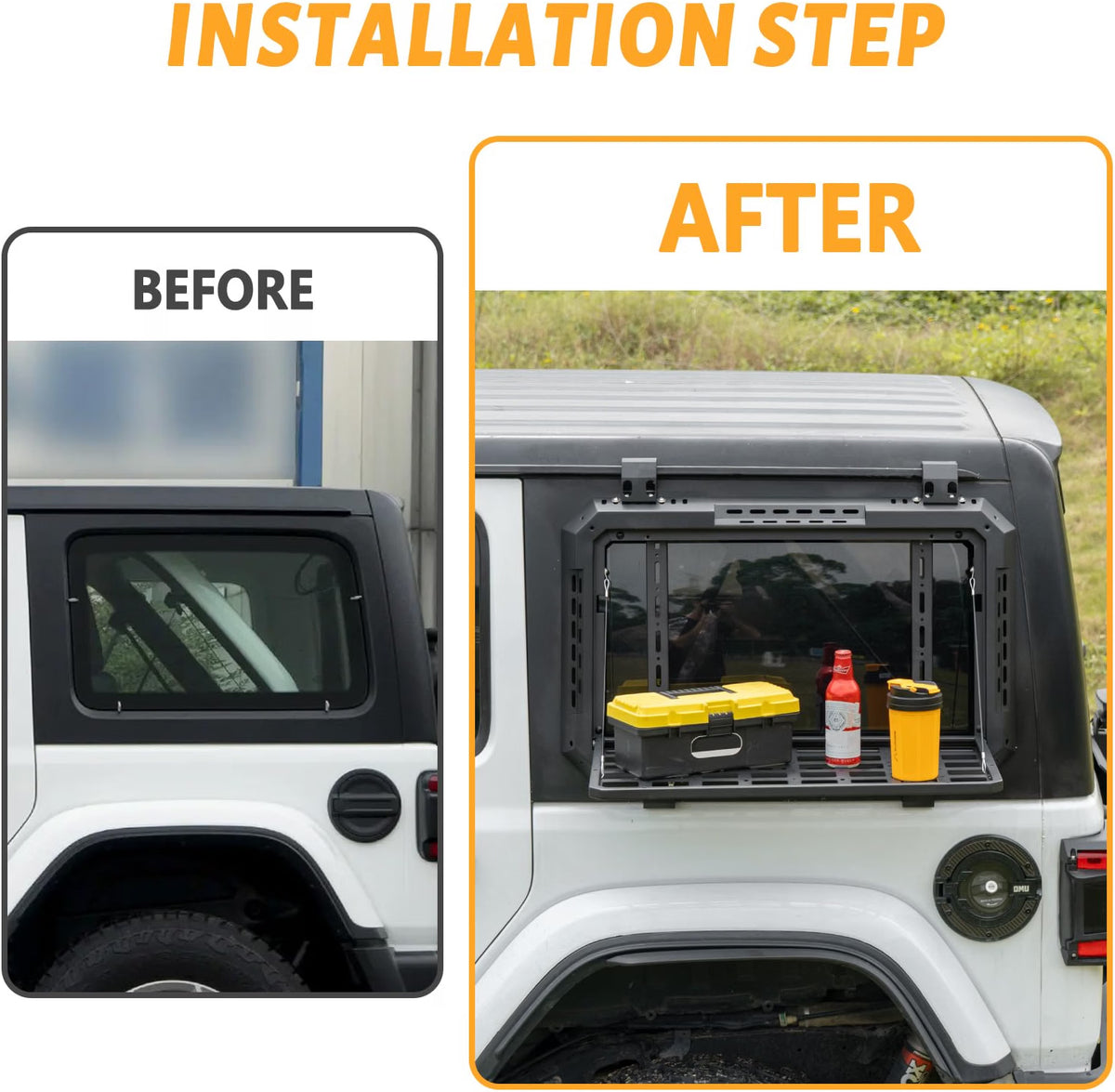 Rear Window Storage Molle Panel with Fold-Down Table for 2018–2025 Jeep Wrangler JL & JLU 4-Door Hardtop, Heavy-Duty Aluminum Cargo Rack for Camping & Off-Road Gear