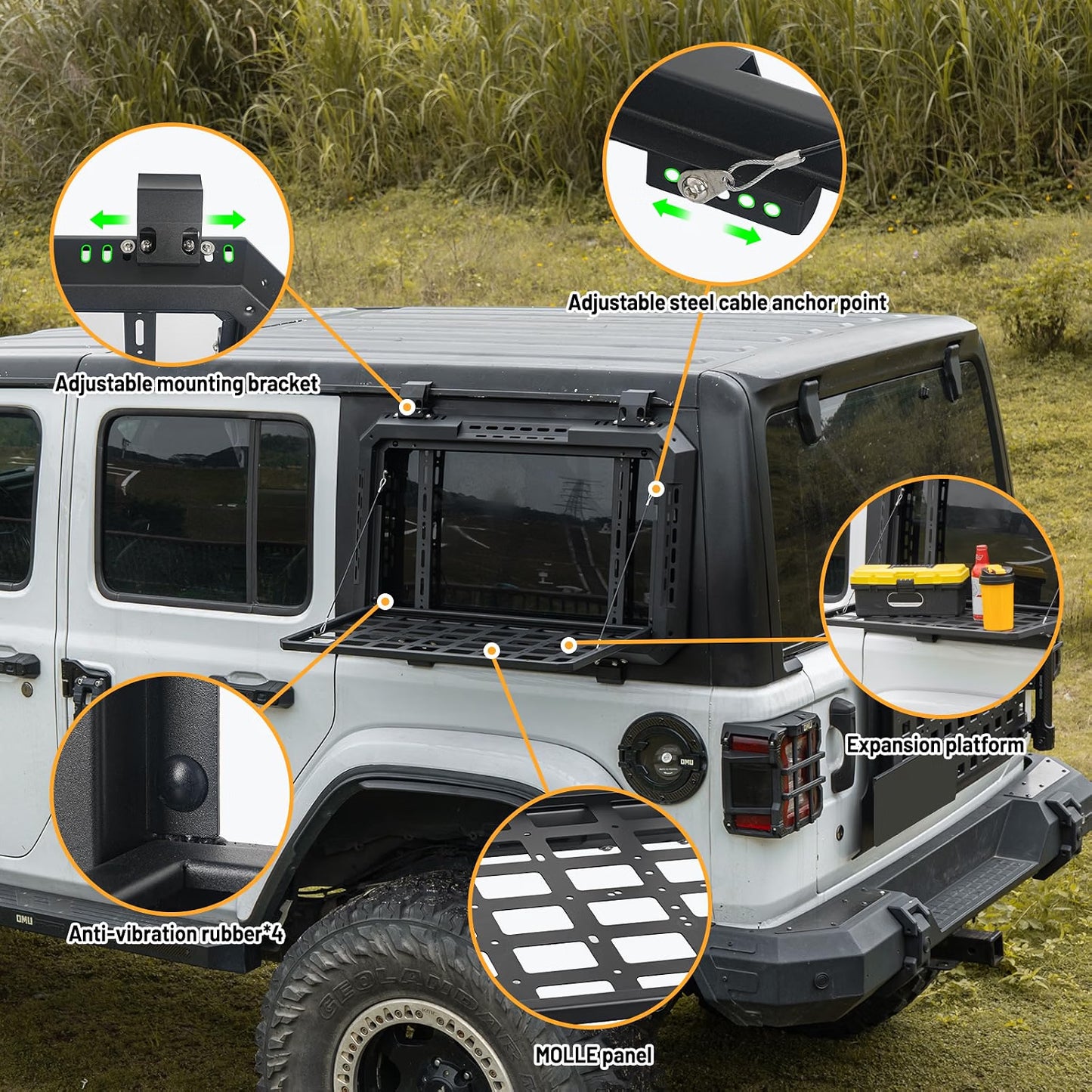 Rear Window Storage Molle Panel with Fold-Down Table for 2018–2025 Jeep Wrangler JL & JLU 4-Door Hardtop, Heavy-Duty Aluminum Cargo Rack for Camping & Off-Road Gear