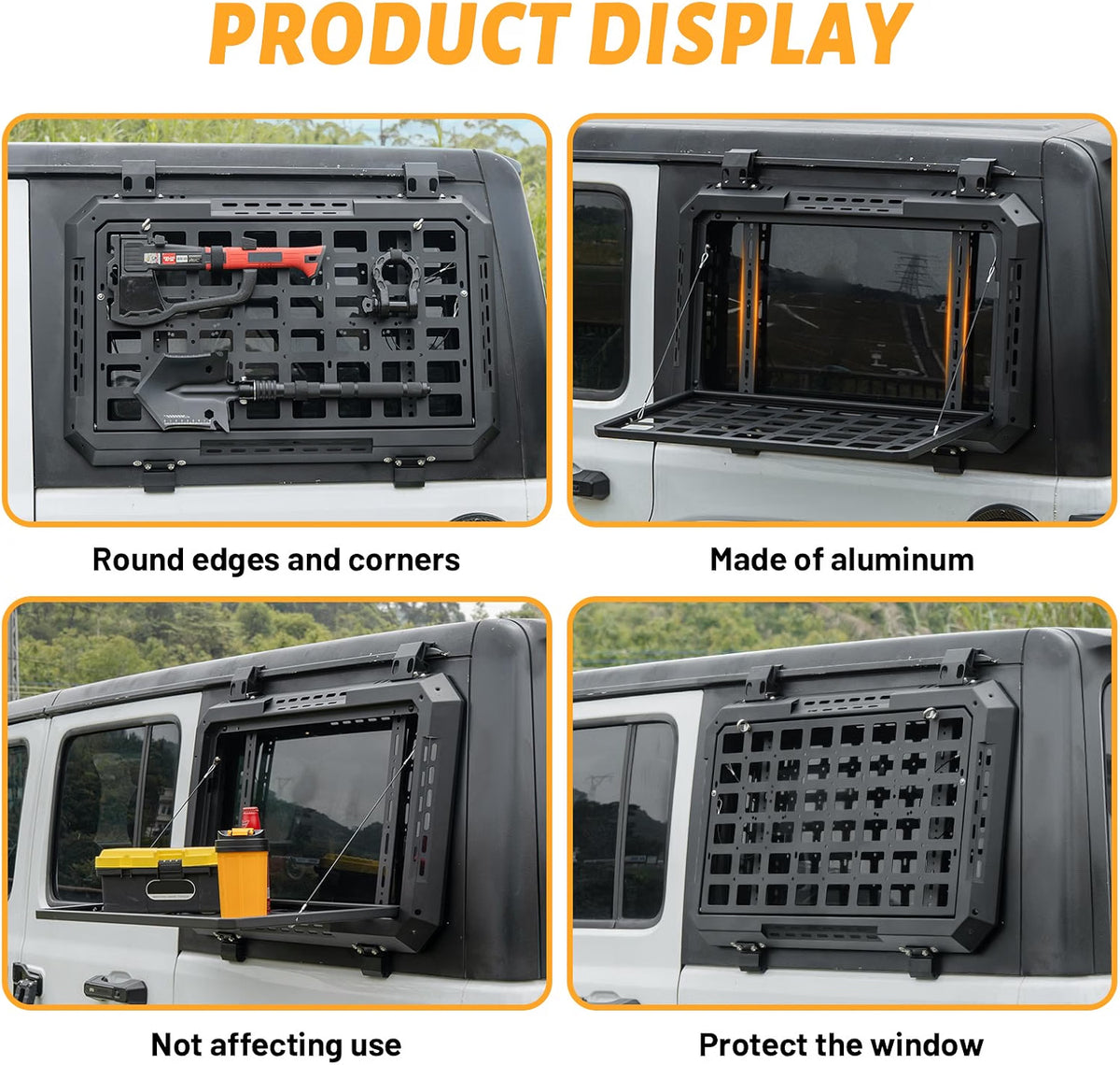Rear Window Storage Molle Panel with Fold-Down Table for 2018–2025 Jeep Wrangler JL & JLU 4-Door Hardtop, Heavy-Duty Aluminum Cargo Rack for Camping & Off-Road Gear