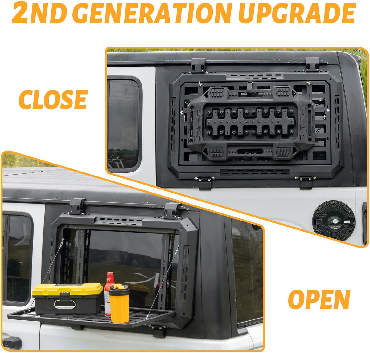 Rear Window Storage Molle Panel with Fold-Down Table for 2018–2025 Jeep Wrangler JL & JLU 4-Door Hardtop, Heavy-Duty Aluminum Cargo Rack for Camping & Off-Road Gear