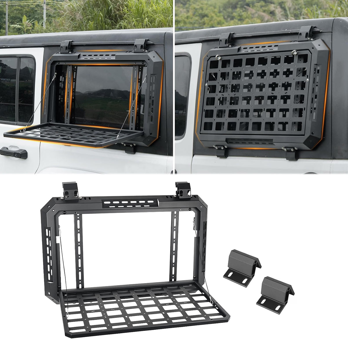 Rear Window Storage Molle Panel with Fold-Down Table for 2018–2025 Jeep Wrangler JL & JLU 4-Door Hardtop, Heavy-Duty Aluminum Cargo Rack for Camping & Off-Road Gear