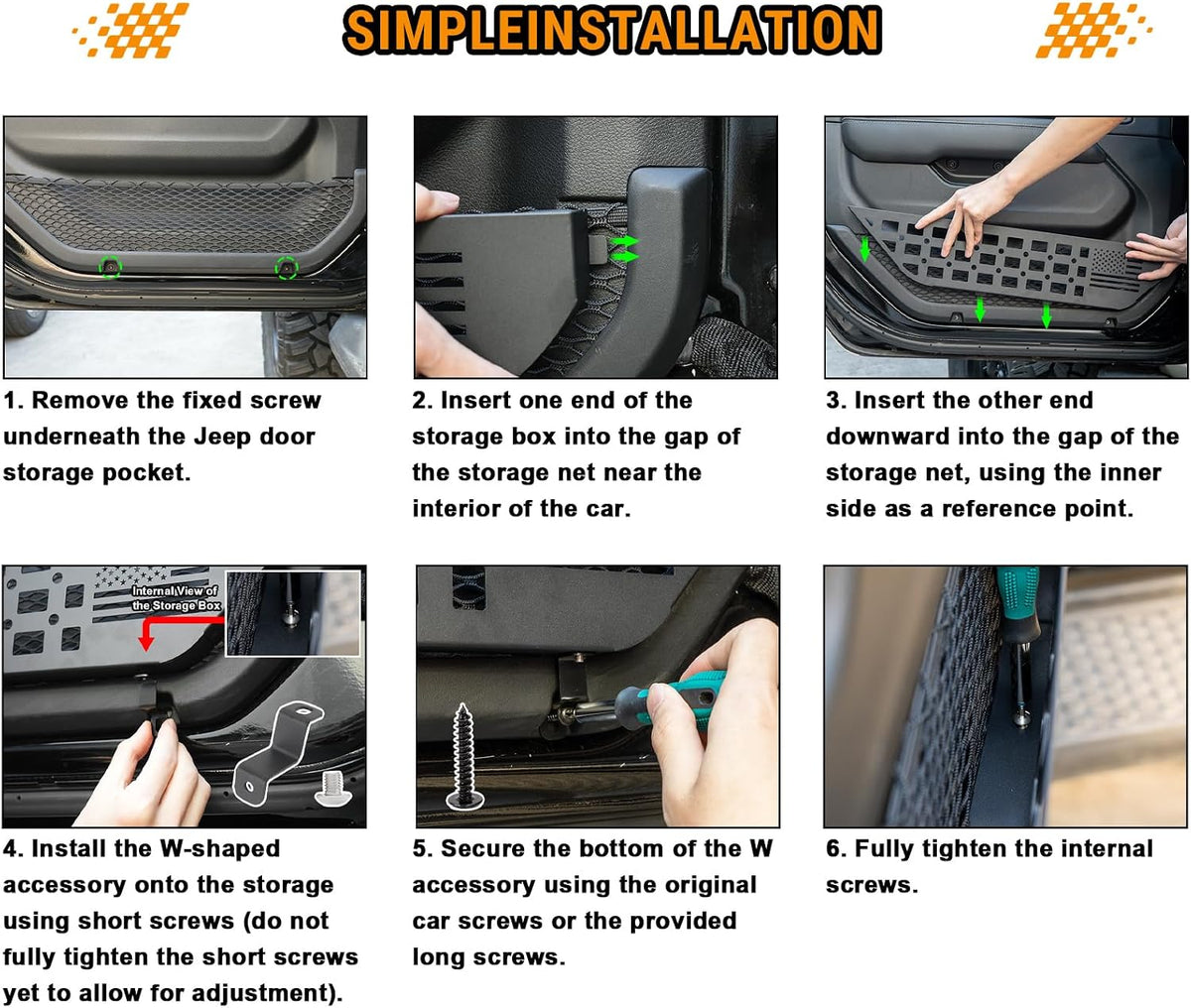 4PCS Front & Rear Metal Door Storage Box for 2018-2025 Jeep Wrangler JL JLU 4XE & 2020-2025 Gladiator JT, Insert Organizer Box Pockets for Replace Sagging Nets