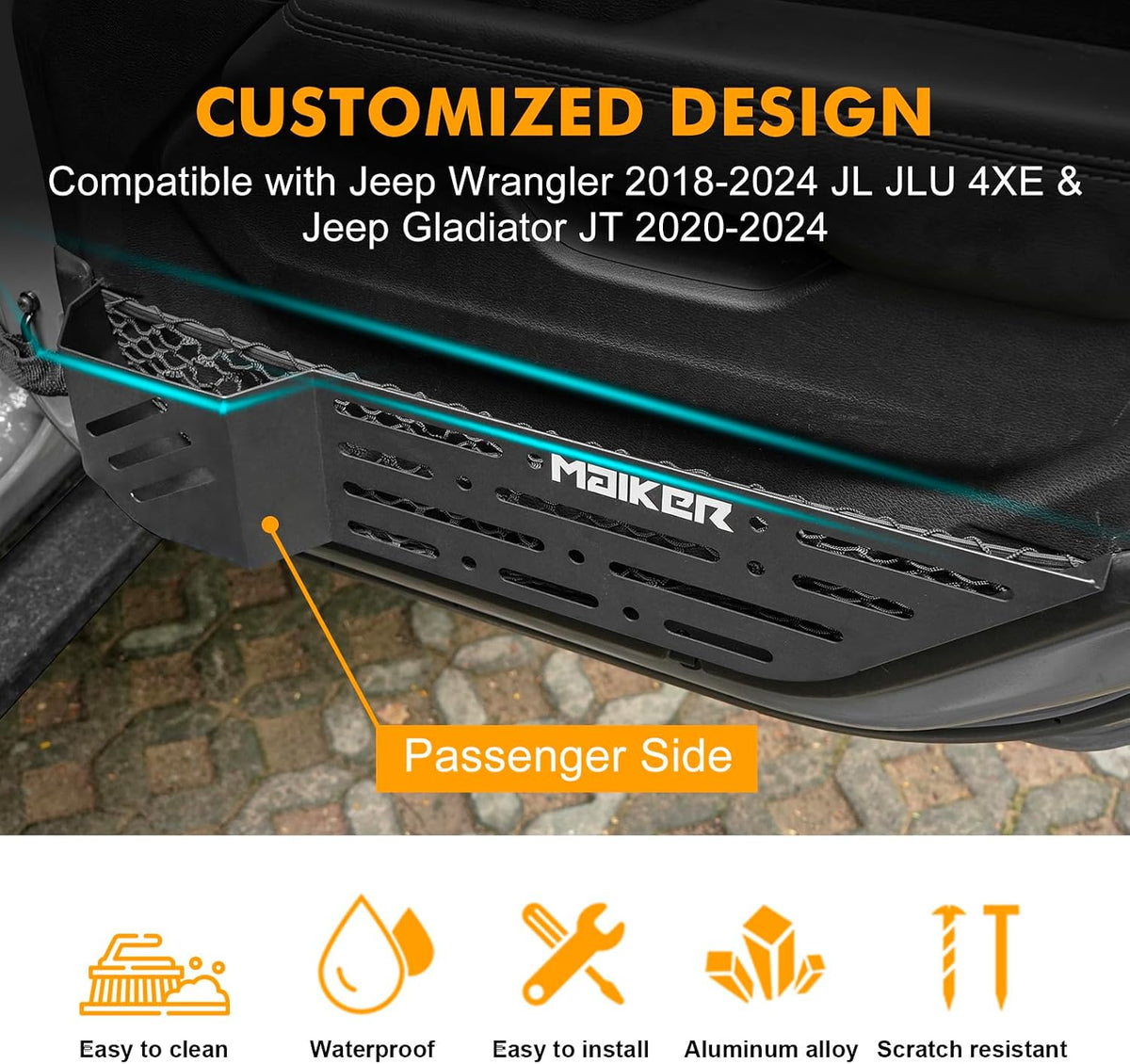 2 Pieces Metal Front Door Storage Box Side Insert Organizers Box for 2018-2024 Jeep Wrangler JL JLU 4XE & 2020-2024 Gladiator JT Replace Sagging Nets