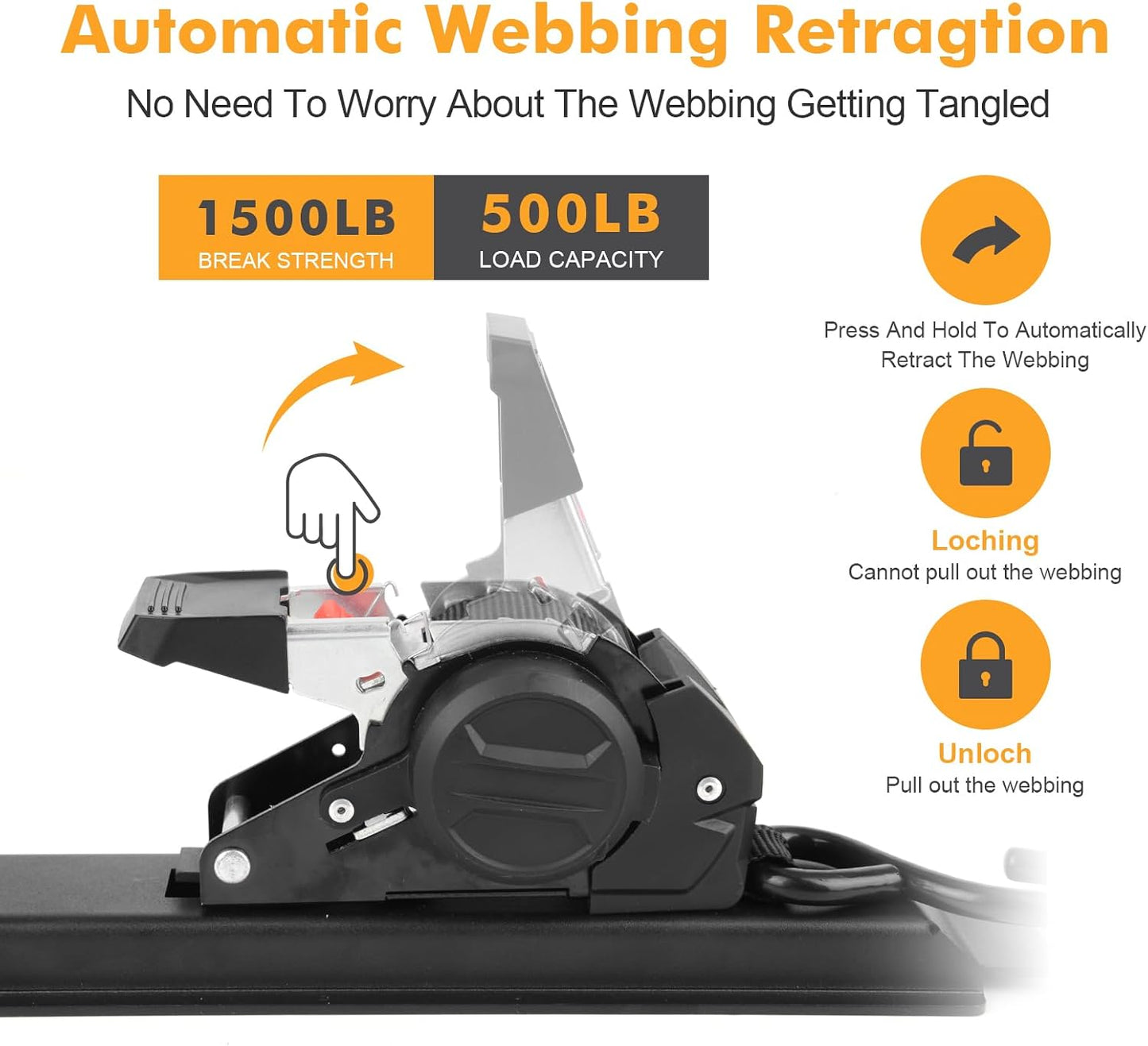 2PCS Retractable Ratchet Straps Compatible with 2020-2024 Jeep Gladiator JT Retracting Straps Auto Retract Securing Strap Tie Down System