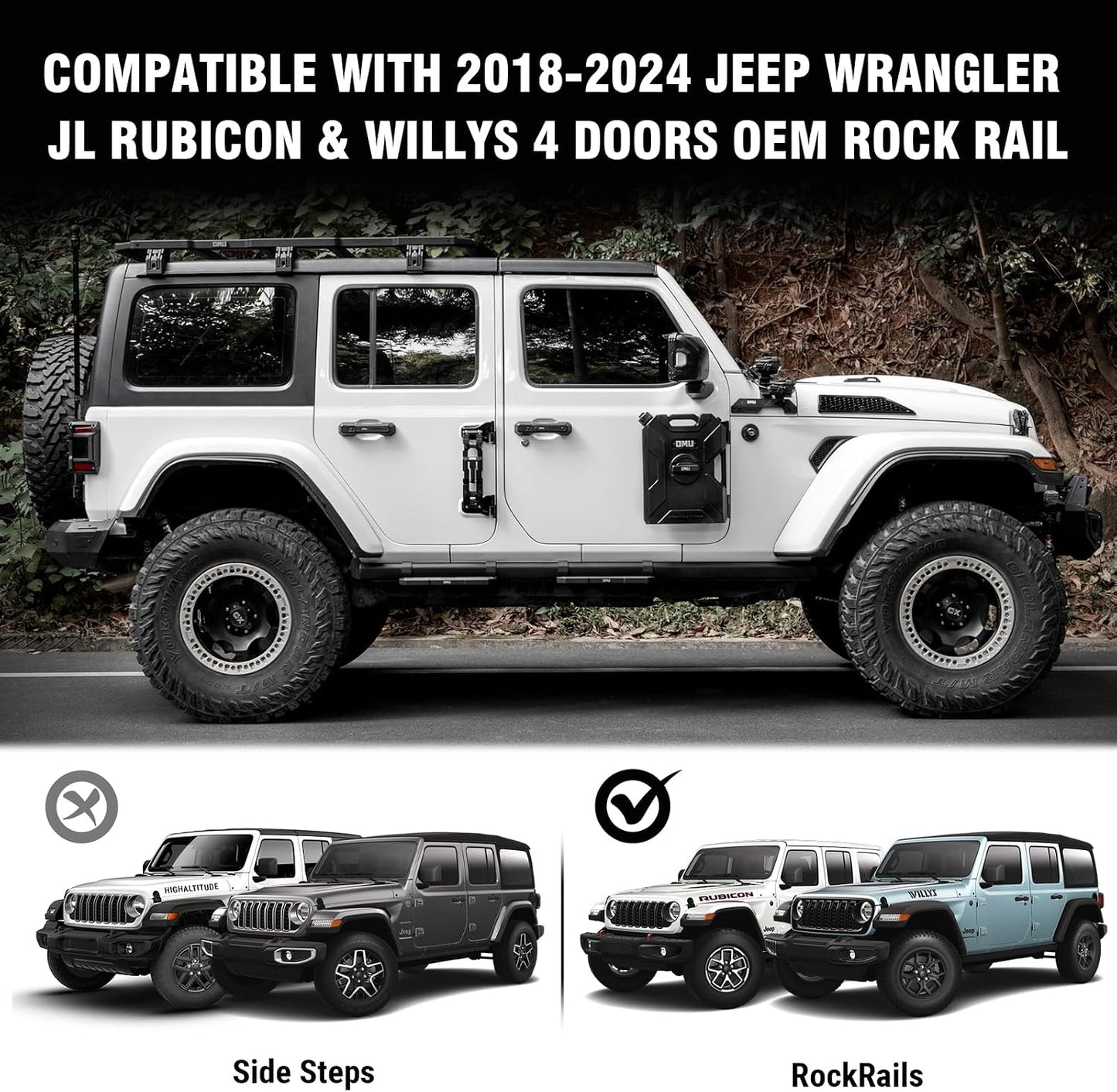 OMU 4Pcs Running Boards Side Steps Compatible with 2018-2024 Jeep Wrangler JL Rubicon & Willys 4 Doors OEM Rock Rail (Note: Not Fit Sahara and High Altitude Models)