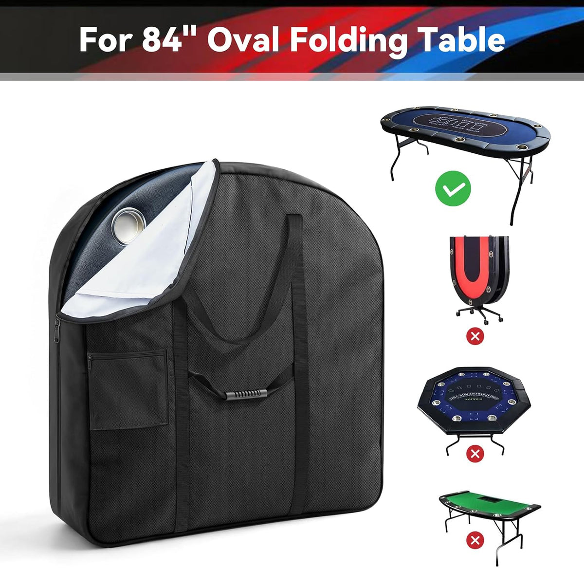 71" 84" Oval Foldable Poker Table Storage Bag  - Heavy Duty 600D Oxford Fabric with Cotton Cushioning Protection, Waterproof Poker Table Carrying Case with Waterproof Zipper, Side Pockets & Padded Shoulder Strap and Handles