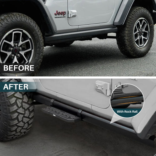 OMU 2Pcs Running Boards Side Steps for 2018+ Jeep Wrangler JL 2 Doors (Rubicon only) with OEM Rock Rails, Aluminum Non-Slip Step Pads for Factory Rock Sliders