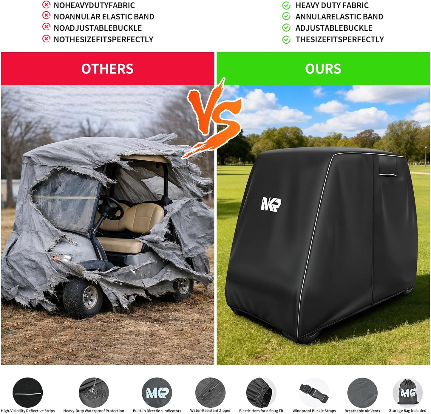 Maiker 600D Golf Cart Cover for 2/4/6 Passengers EZGO Yamaha Club Car, UV & Windproof with Reflective Stripes