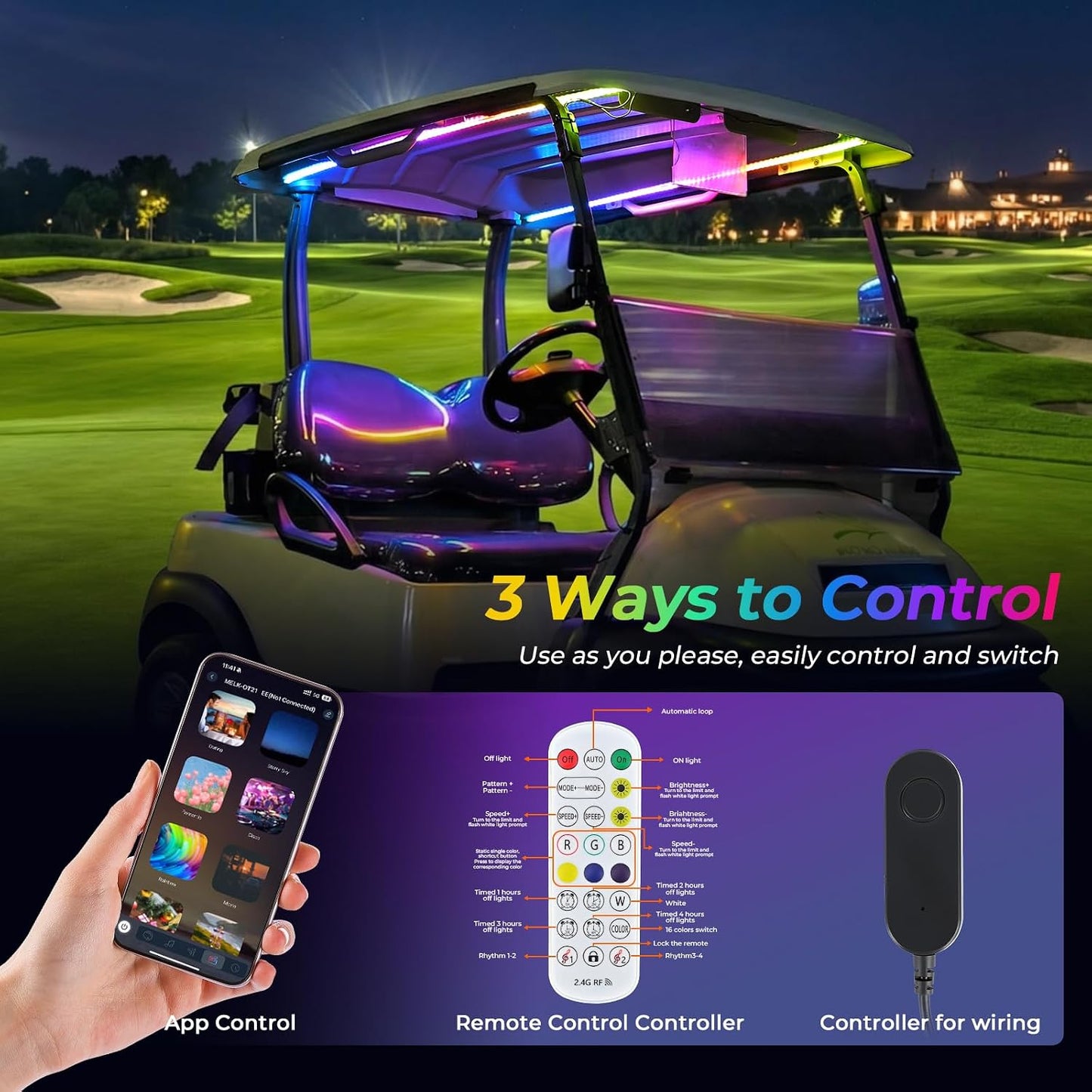USB Powered Golf Cart Canopy Multicolor LED Strip Lights with Remote/APP Control, IP68 Waterproof Golf Cart Roof Light for EZGO Yamaha Club Car Boat