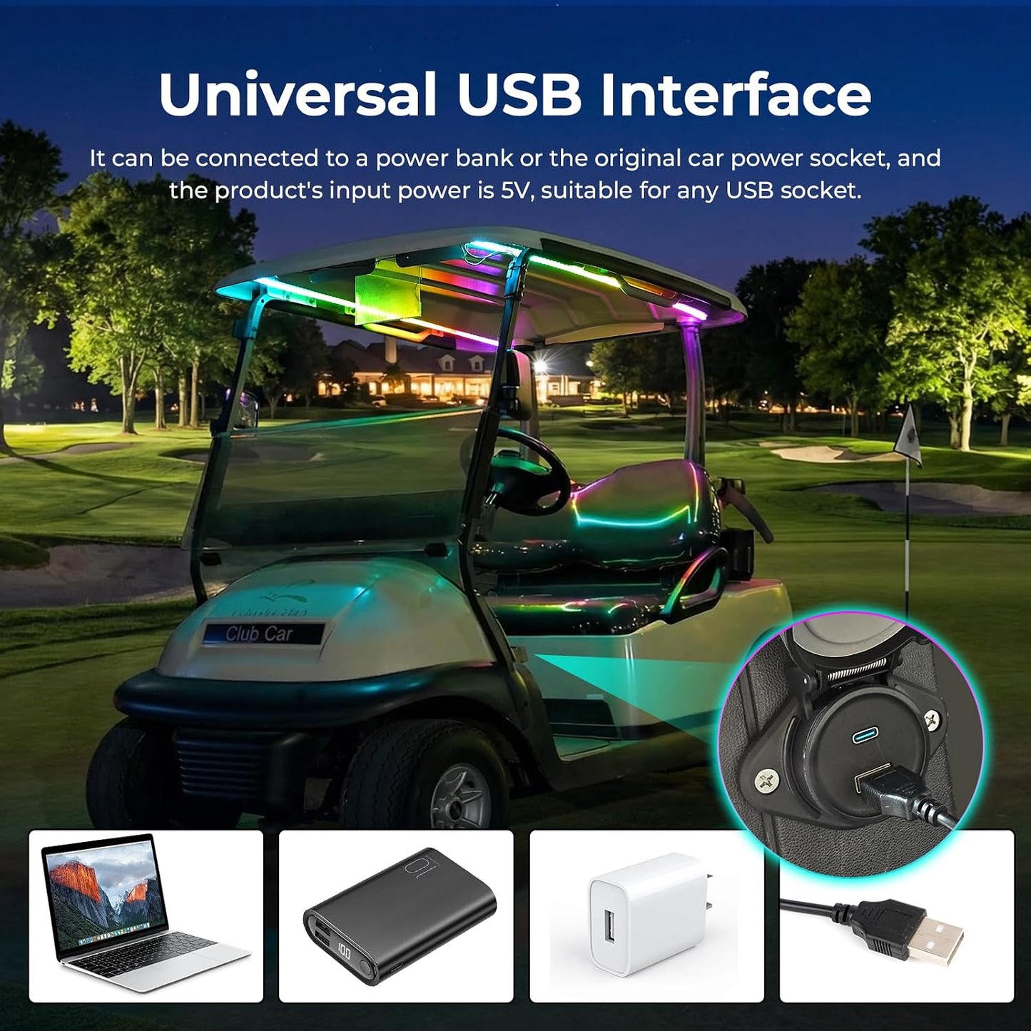 USB Powered Golf Cart Canopy Multicolor LED Strip Lights with Remote/APP Control, IP68 Waterproof Golf Cart Roof Light for EZGO Yamaha Club Car Boat