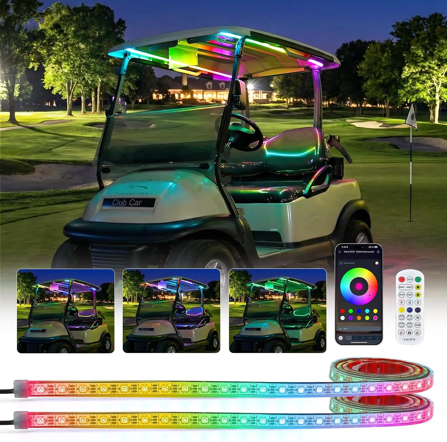 USB Powered Golf Cart Canopy Multicolor LED Strip Lights with Remote/APP Control, IP68 Waterproof Golf Cart Roof Light for EZGO Yamaha Club Car Boat