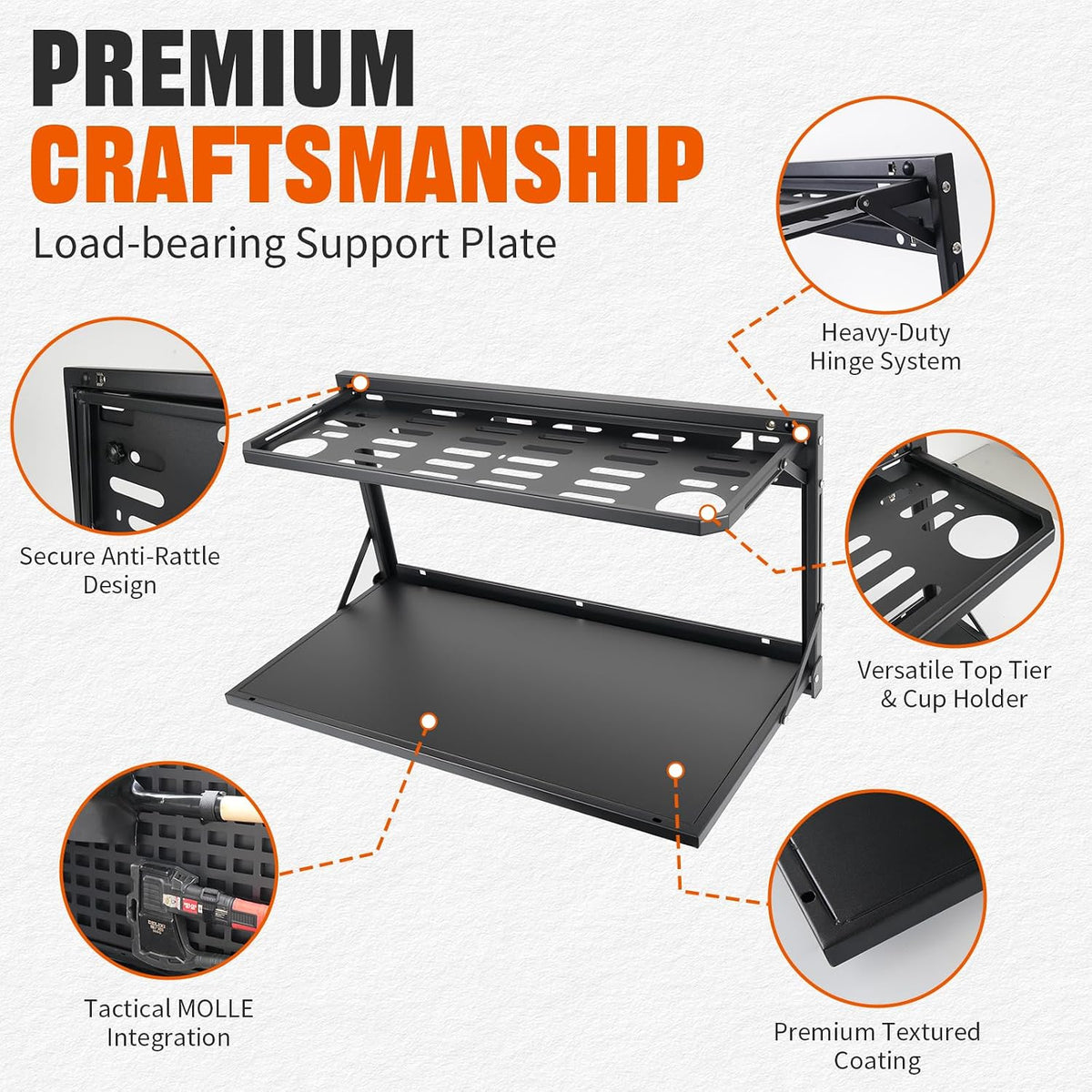 2-Tier Tailgate Table Molle Panel Foldable Cargo Shelf Storage Shelf for Ford Bronco For 2021-2025 2 & 4-Door Models(Not Fit Bronco Sport)