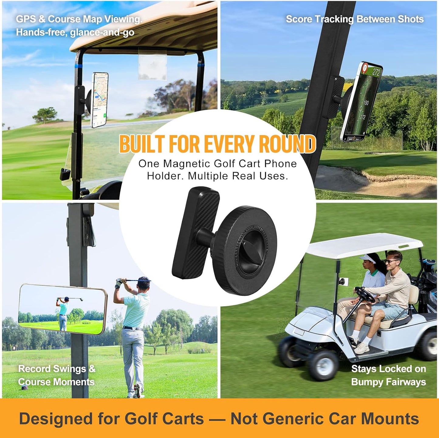 Maiker Magnetic Golf Cart Phone Holder, Ultra-Strong N52 Magnet Mount, 360° Rotatable Golf Cart Accessories