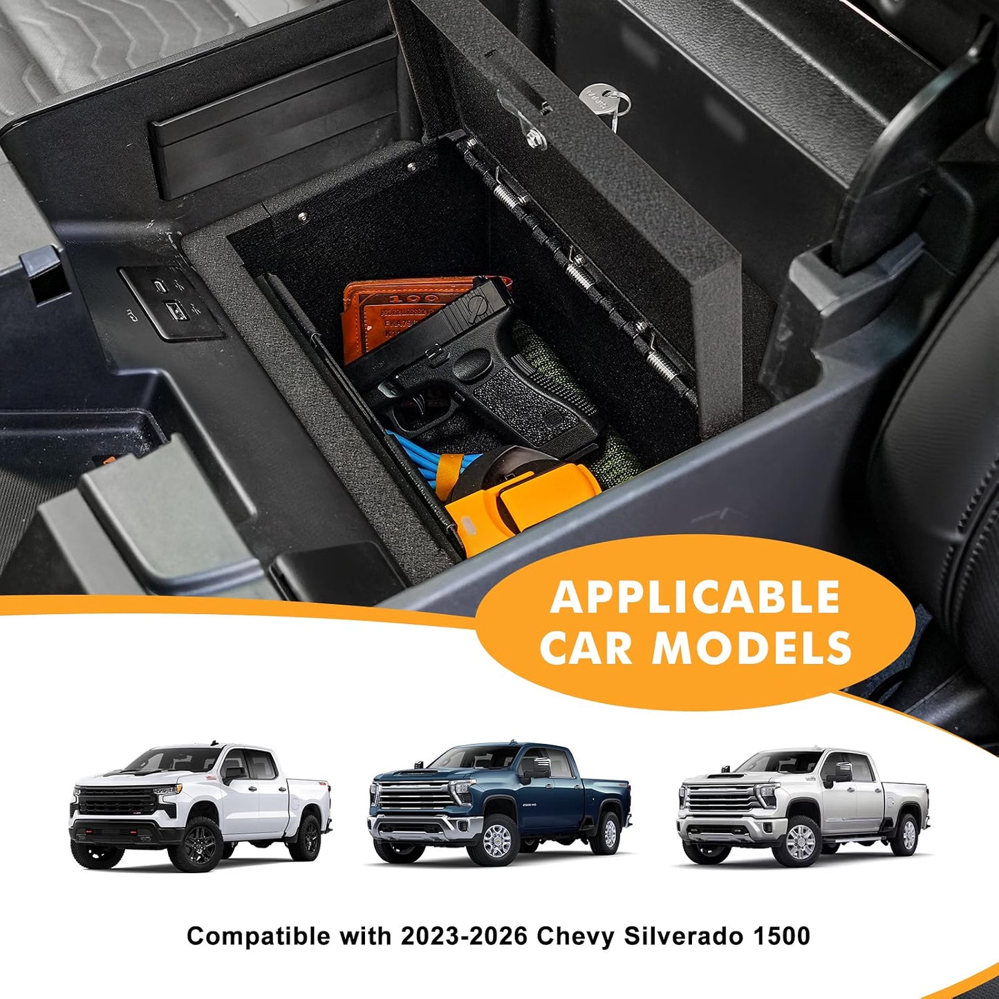 Safe Vault Lock Box Compatible with 2023-2026 Chevy Silverado 1500 Center Console Safe Organizer