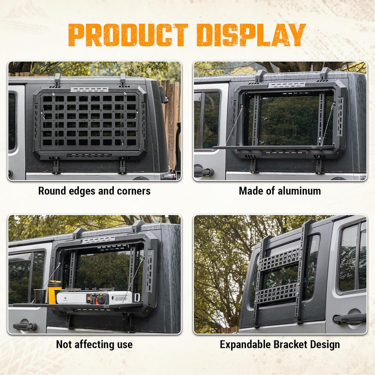 Multifunctional Rear Window Storage Table Molle Panel Flank Kit for 2007-2018 Jeep Wrangler JK 4 Doors Foldable Rear Window Shelf