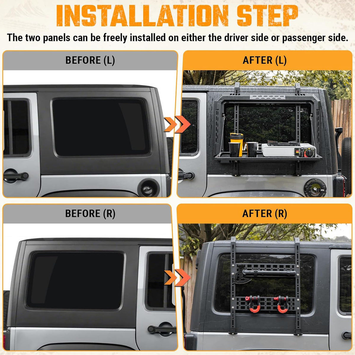 Multifunctional Rear Window Storage Table Molle Panel Flank Kit for 2007-2018 Jeep Wrangler JK 4 Doors Foldable Rear Window Shelf
