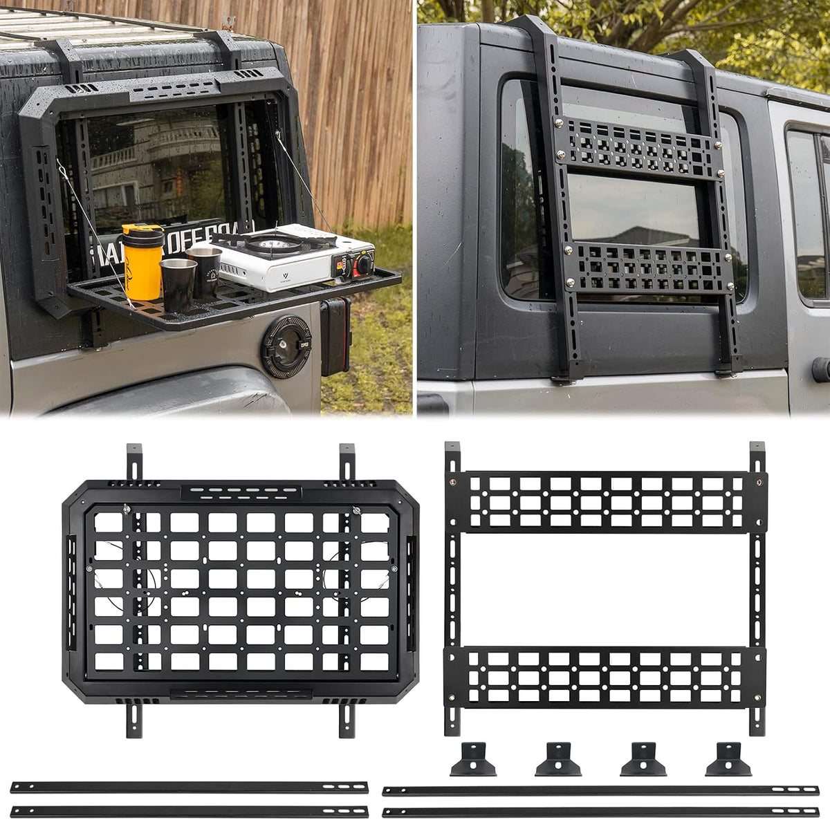 Multifunctional Rear Window Storage Table Molle Panel Flank Kit for 2007-2018 Jeep Wrangler JK 4 Doors Foldable Rear Window Shelf