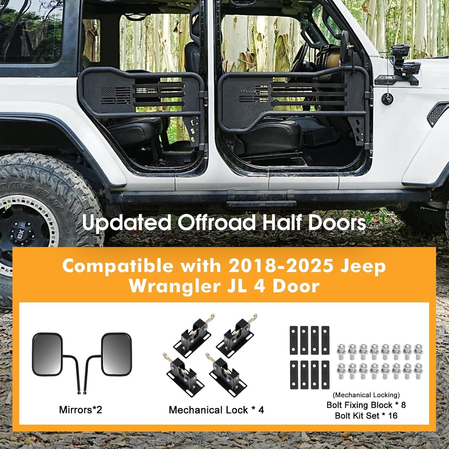 Steel Tubular Half Doors with Side View Mirrors Compatible with 2018-2025 Jeep JL JLU & Gladiator JT 4-Door, US Flag Style, Heavy-Duty Off-Road Doors, Textured Black Powder Coated