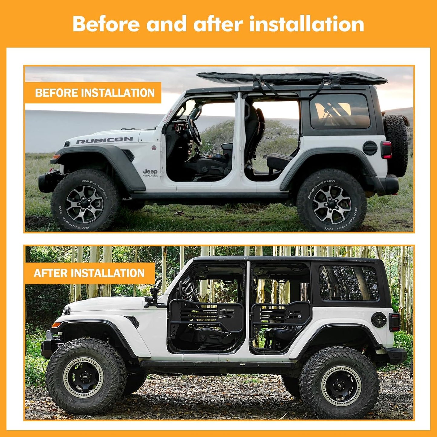 Steel Tubular Half Doors with Side View Mirrors Compatible with 2018-2025 Jeep JL JLU & Gladiator JT 4-Door, US Flag Style, Heavy-Duty Off-Road Doors, Textured Black Powder Coated