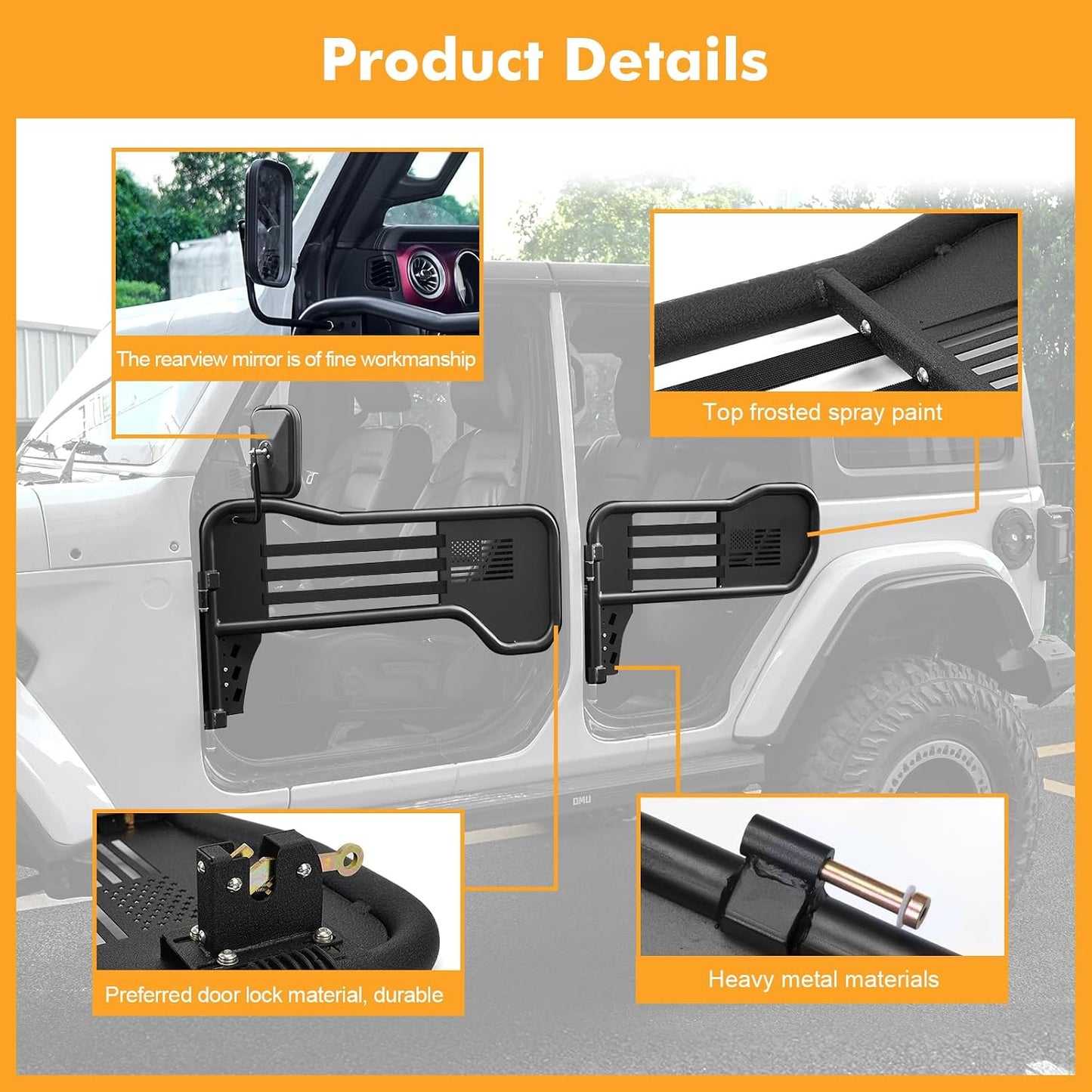 Steel Tubular Half Doors with Side View Mirrors Compatible with 2018-2025 Jeep JL JLU & Gladiator JT 4-Door, US Flag Style, Heavy-Duty Off-Road Doors, Textured Black Powder Coated