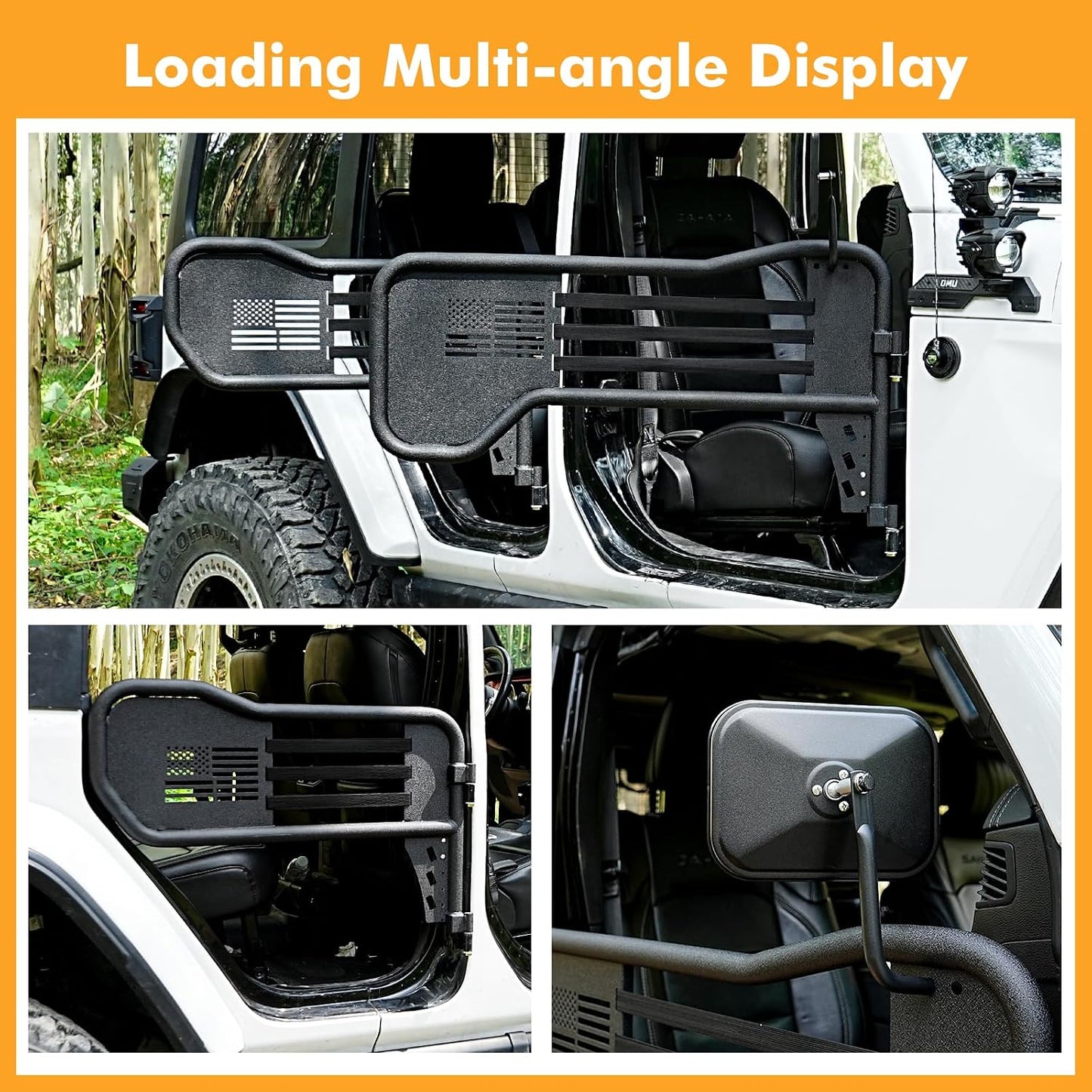 Steel Tubular Half Doors with Side View Mirrors Compatible with 2018-2025 Jeep JL JLU & Gladiator JT 4-Door, US Flag Style, Heavy-Duty Off-Road Doors, Textured Black Powder Coated