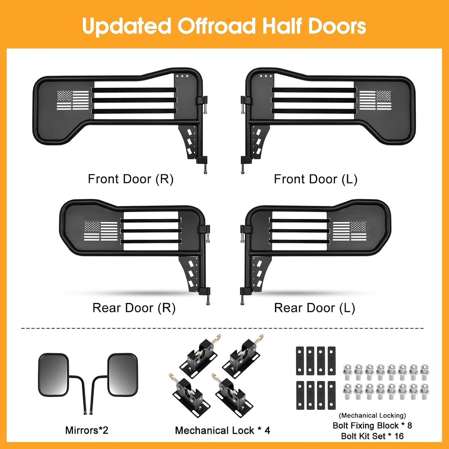 Steel Tubular Half Doors with Side View Mirrors Compatible with 2018-2025 Jeep JL JLU & Gladiator JT 4-Door, US Flag Style, Heavy-Duty Off-Road Doors, Textured Black Powder Coated